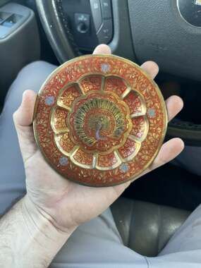 Vintage Engraved Brass Peacock Wall Plate with Red Enamel Inlay